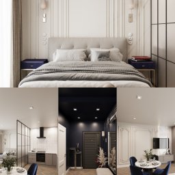 VM-projekt - Wnętrze apartamentu w stylu klasycznym: sypialnia z łóżkiem, kuchnia z wyspą, jadalnia z okrągłym stołem i przedpokój z lustrem. Parkiet w jodełkę, eleganckie meble.