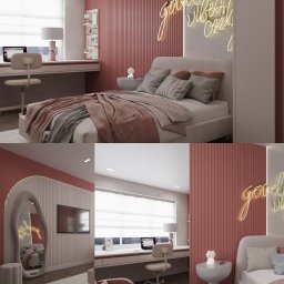 VM-projekt - Pokój nastolatki w odcieniach różu: łóżko z neonem 'good vibes only', biurko z laptopem, toaletka z lustrem w kształcie łzy. Nowoczesny design, ciepłe oświetlenie.
