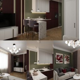 VM-projekt - Wnętrze mieszkania z otwartą kuchnią, wyspą z marmurowym blatem i hokerami. W tle salon z sofą i dekoracjami ściennymi. Całość w stonowanej kolorystyce z akcentami bordo.