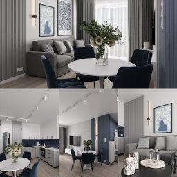 VM-projekt - Wnętrze mieszkania z szarą sofą, okrągłym stołem i dekoracjami ściennymi. Widok na kuchnię z białymi szafkami i niebieskim akcentem. Nowoczesny design.