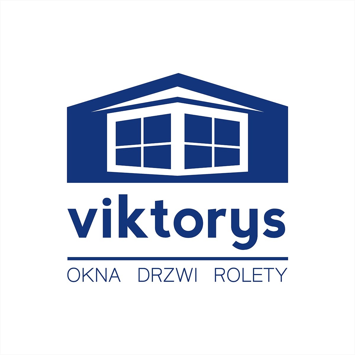 Niebieskie logo firmy 'viktorys' z symbolem okna w kształcie domu oraz napisem 'OKNA DRZWI ROLETY' na białym tle.
