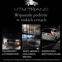 Kompozycja trzech zdjęć samochodów: srebrne Audi z włączonymi światłami przed budynkiem, srebrny Renault na tle budynku z dużymi oknami, białe Volvo z tyłu na czarnym tle; tekst 'MTM TRANS...