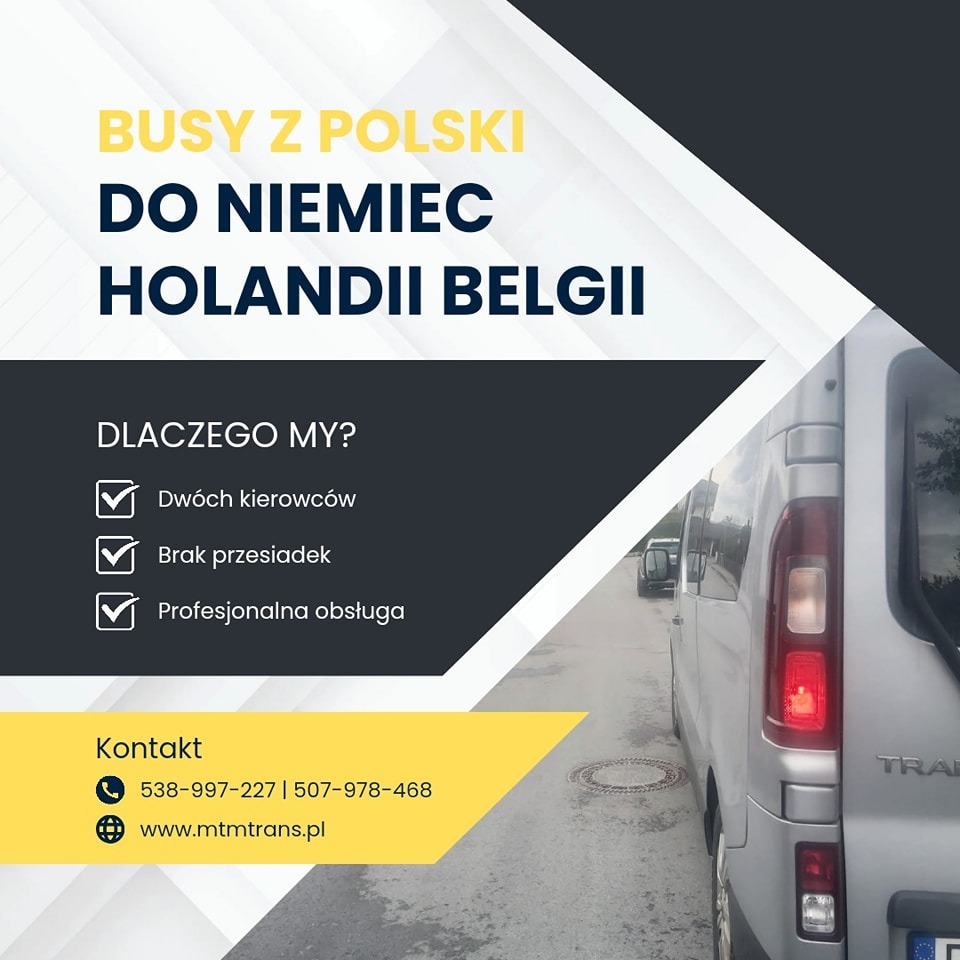 Grafika reklamowa z tekstem 'Busy z Polski do Niemiec Holandii Belgii', informacjami kontaktowymi i srebrnym busem w tle.