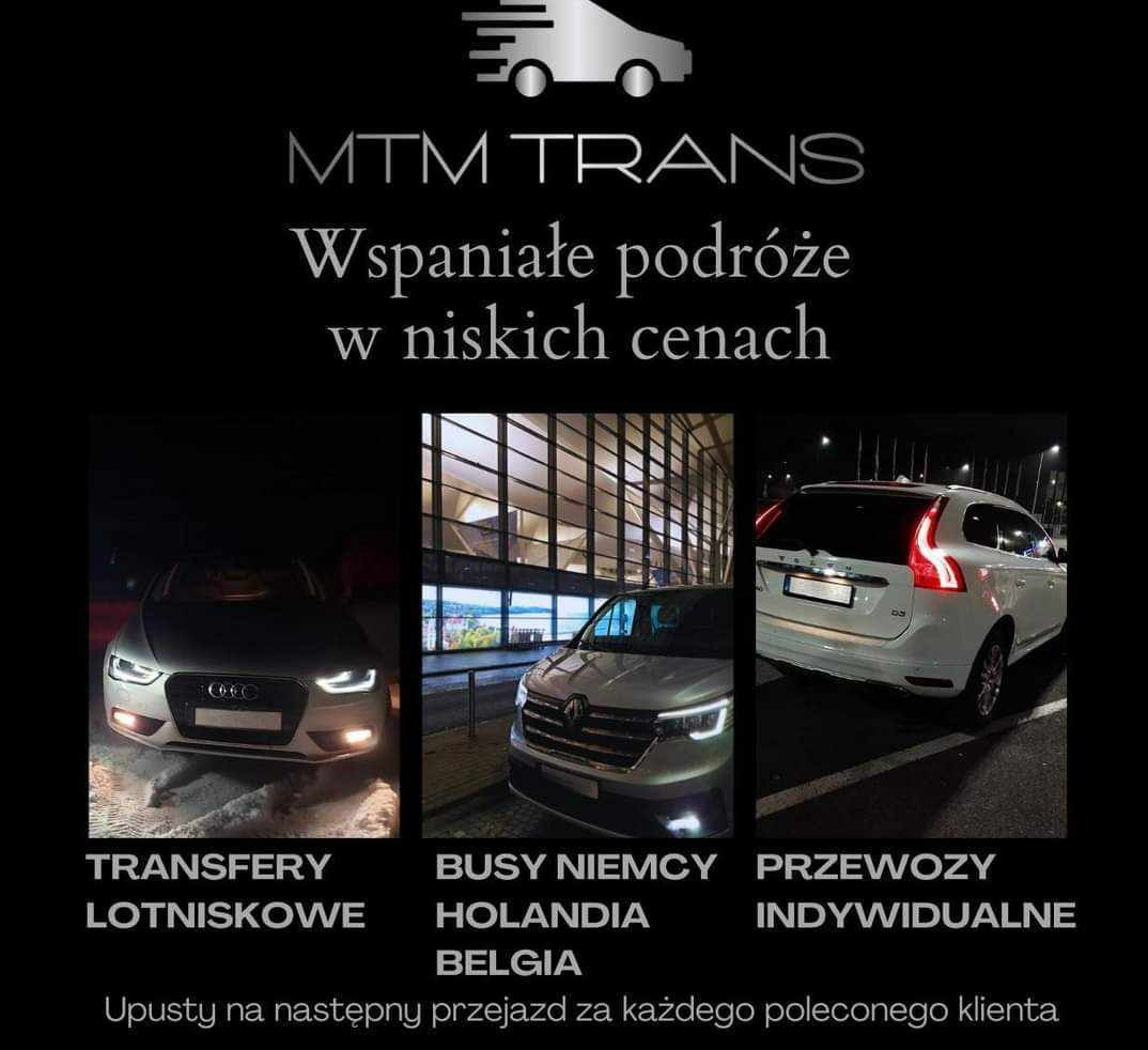 Kompozycja trzech zdjęć samochodów: srebrne Audi z włączonymi światłami przed budynkiem, srebrny Renault na tle budynku z dużymi oknami, białe Volvo z tyłu na czarnym tle; tekst 'MTM TRANS...