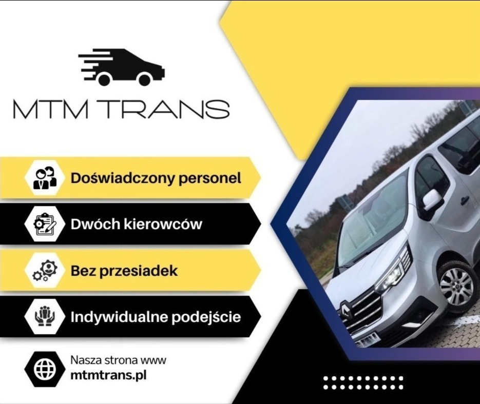Grafika reklamowa firmy MTM Trans z srebrnym busem Renault Trafic, informująca o doświadczonym personelu, dwóch kierowcach, braku przesiadek i indywidualnym podejściu.