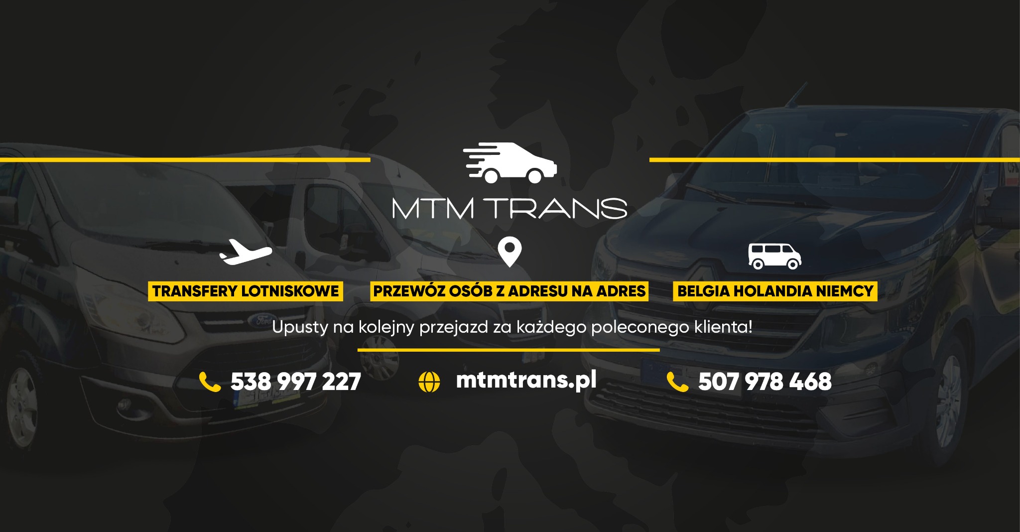 Grafika reklamowa MTM Trans z dwoma busami, transferami lotniskowymi i przewozem osób do Belgii, Holandii i Niemiec. Kontakt: 538 997 227, mtmtrans.pl, 507 978 468.