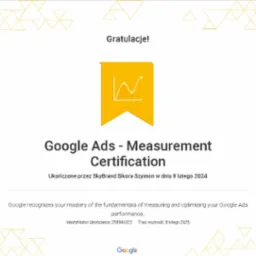 Certyfikat Google Ads - Measurement Certification ukończony przez SkyBrand Sikora Szymon w dniu 8 lutego 2024. Żółty emblemat z wykresem wzrostowym na białym tle.