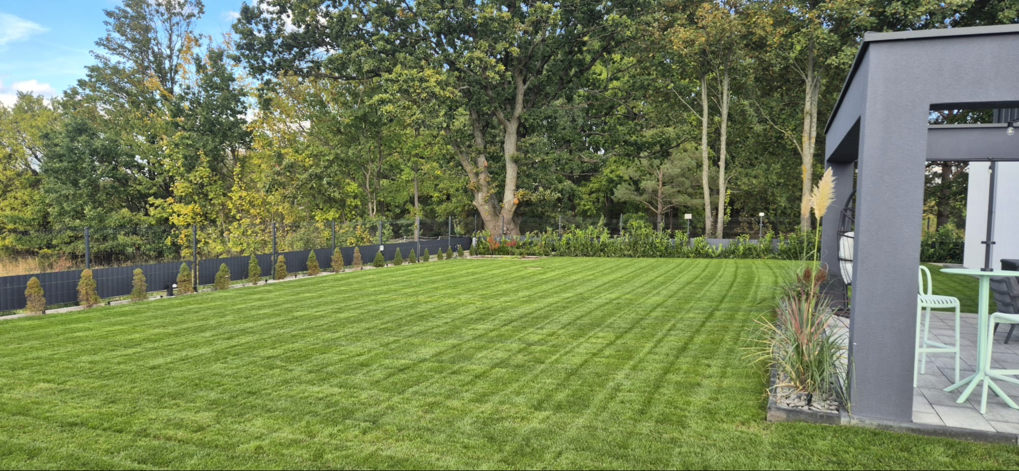 Zadbany trawnik z równo przystrzyżoną trawą w ogrodzie. W tle wysokie drzewa i nowoczesne ogrodzenie z nasadzeniami. Widoczny fragment altany.