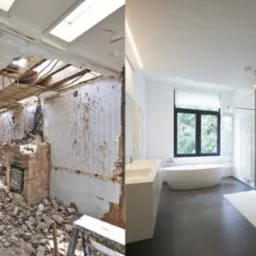 Zdjęcie typu 'przed i po' przedstawiające remont łazienki: po lewej stronie zniszczone pomieszczenie z gruzem, po prawej nowoczesna łazienka z kabiną prysznicową, wanną i oknem.