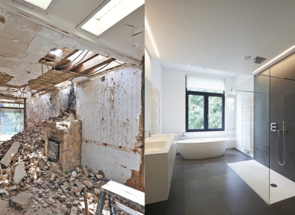 Zdjęcie typu 'przed i po' przedstawiające remont łazienki: po lewej stronie zniszczone pomieszczenie z gruzem, po prawej nowoczesna łazienka z kabiną prysznicową, wanną i oknem.