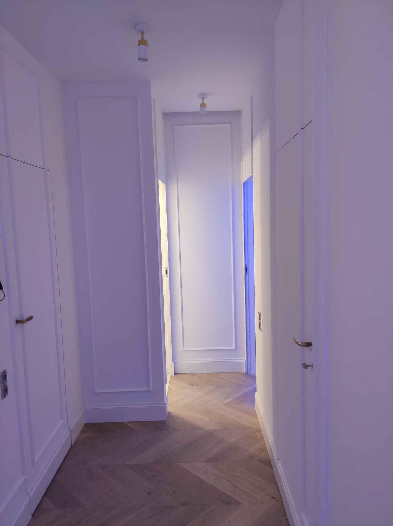 Biały korytarz z parkietem ułożonym w jodełkę. Ściany z dekoracyjnymi listwami i wbudowanymi szafami. Oświetlenie punktowe na suficie.