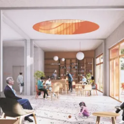Wizualizacja przestronnego wnętrza z elementami biblioteki, okrągłym świetlikiem w suficie i licznymi osobami w środku, siedzącymi przy stolikach lub przeglądającymi książki.