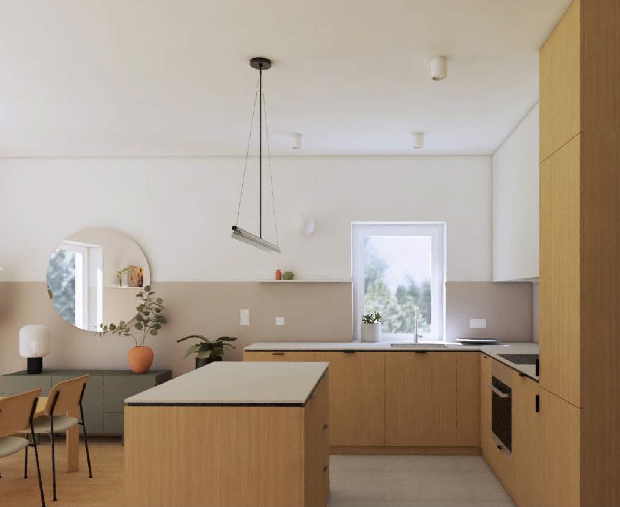 Jasna kuchnia z drewnianymi frontami, wyspą kuchenną z blatem w kolorze ecru, okrągłym lustrem i wiszącą lampą tubową.