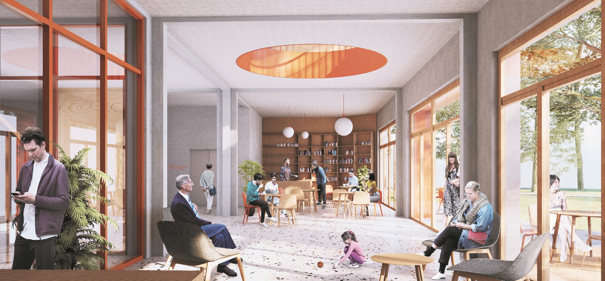 Wizualizacja przestronnego wnętrza z elementami biblioteki, okrągłym świetlikiem w suficie i licznymi osobami w środku, siedzącymi przy stolikach lub przeglądającymi książki.