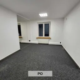 Wnętrze pustego, odświeżonego biura z szarym dywanem, białymi ścianami, oknem z drewnianym parapetem i grzejnikiem pod nim, oświetlone centralnym panelem LED.