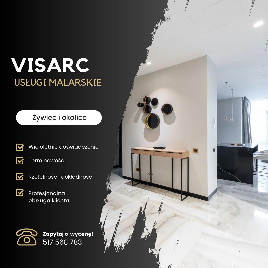 Wnętrze po odświeżeniu: Białe ściany, marmurowa podłoga, nowoczesna konsola i dekoracja ścienna w odcieniach czerni i złota.