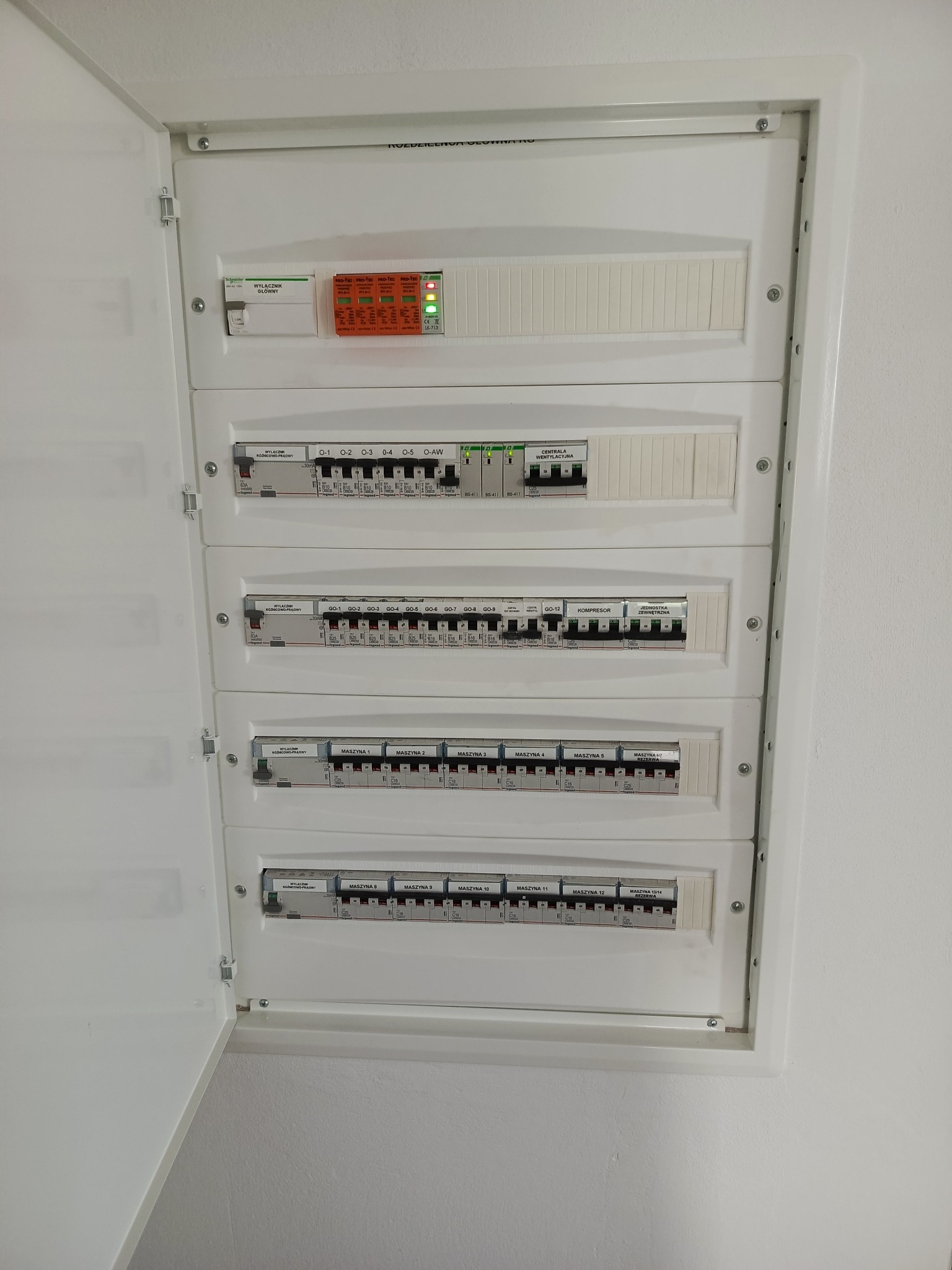 Otwarta skrzynka elektryczna z bezpiecznikami i wyłącznikami różnicowoprądowymi, widoczne oznaczenia obwodów: Centrala wentylacyjna, Kompresor, Jednostka zewnętrzna, Maszyna 1-12, Rezerwa...