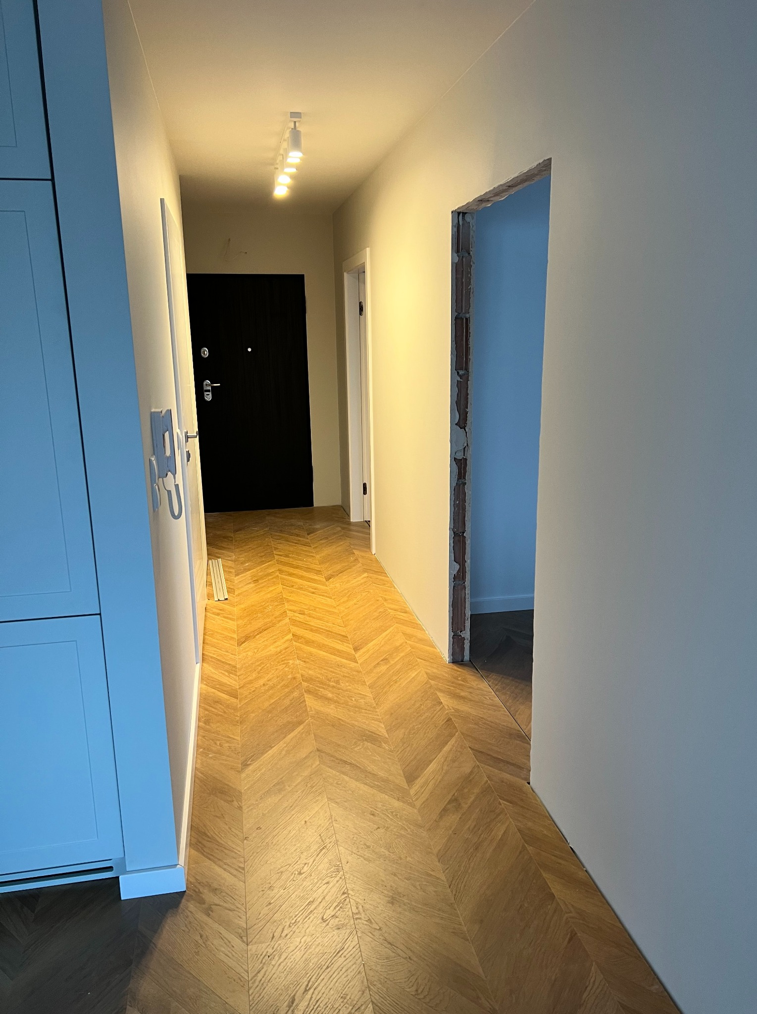 Korytarz w trakcie prac wykończeniowych: ułożona podłoga z paneli w jodełkę, ściany przygotowane do malowania, widoczne ościeże drzwi bez futryny oraz zamontowane oświetlenie sufitowe.