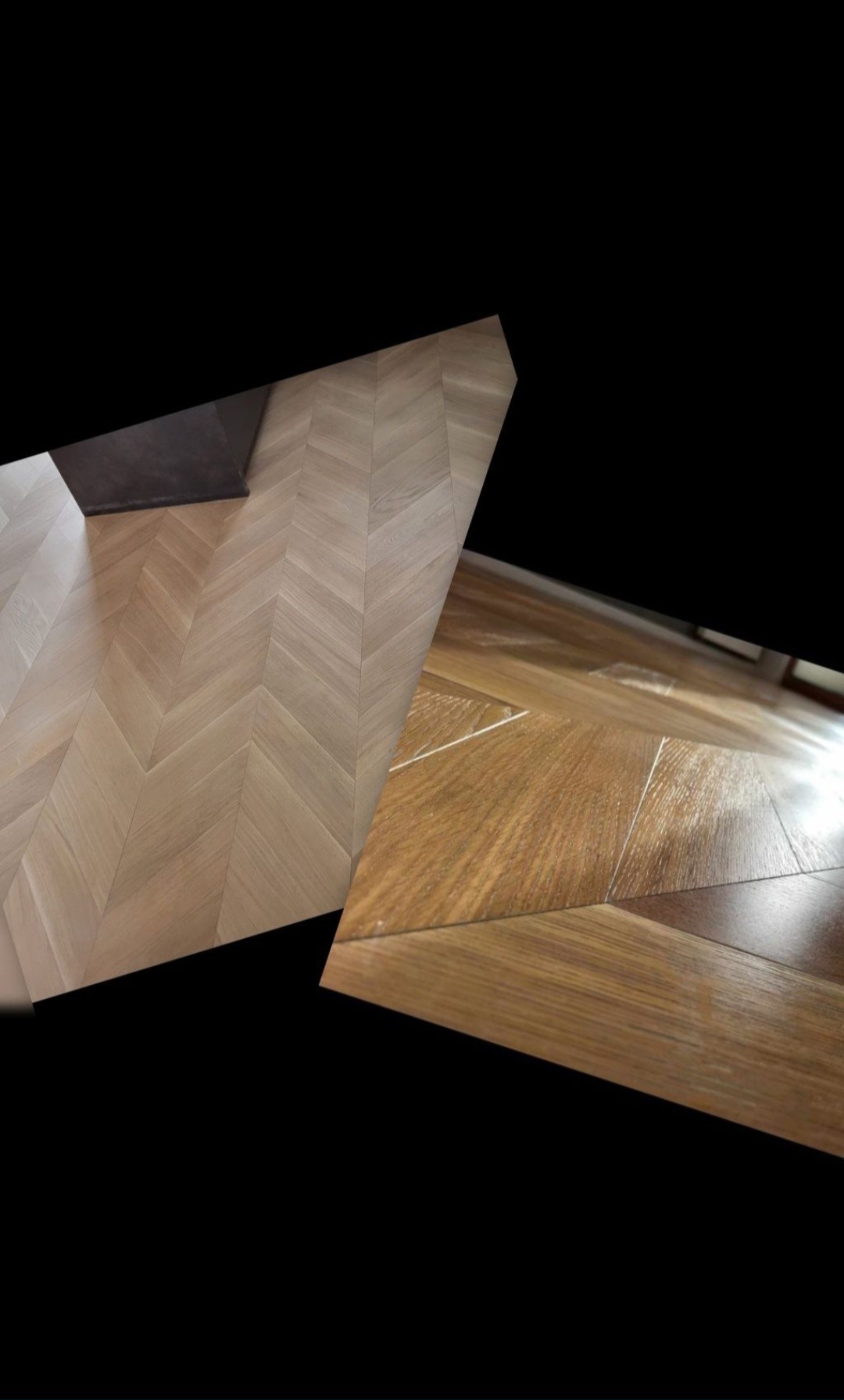 Dwa rodzaje drewnianej podłogi ułożonej we wzór jodełki, jeden jasny, drugi ciemniejszy, z widocznymi słojami drewna i fragmentem ściany.