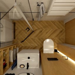 Jakub Pastuszka Kontur Wnętrz - Wizualizacja łazienki z drewnianymi panelami na ścianie ułożonymi w jodełkę, białą umywalką i toaletą, czarnymi akcentami i oświetleniem LED pod blatem.