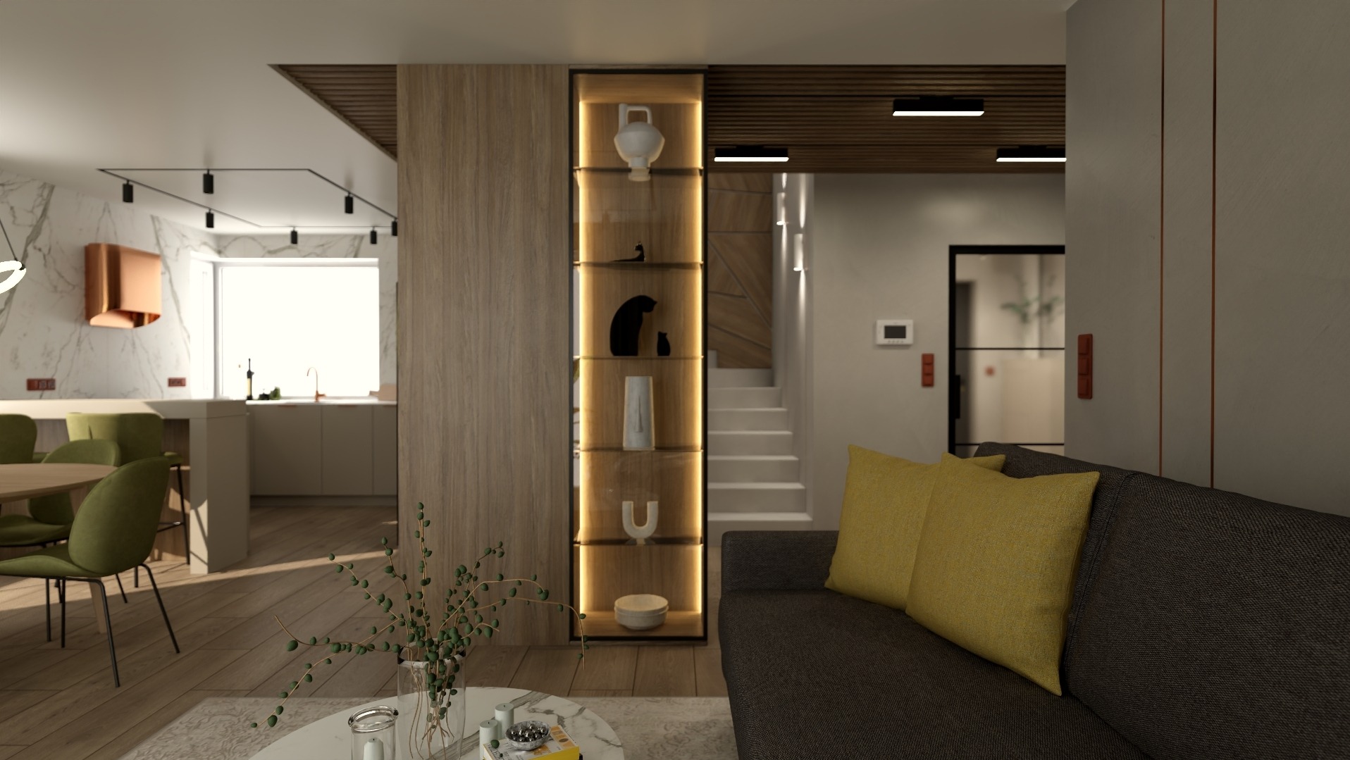 Nowoczesne wnętrze mieszkania z otwartą kuchnią, jadalnią i salonem, z drewnianą zabudową regałową z podświetleniem i dekoracyjnymi elementami na półkach.