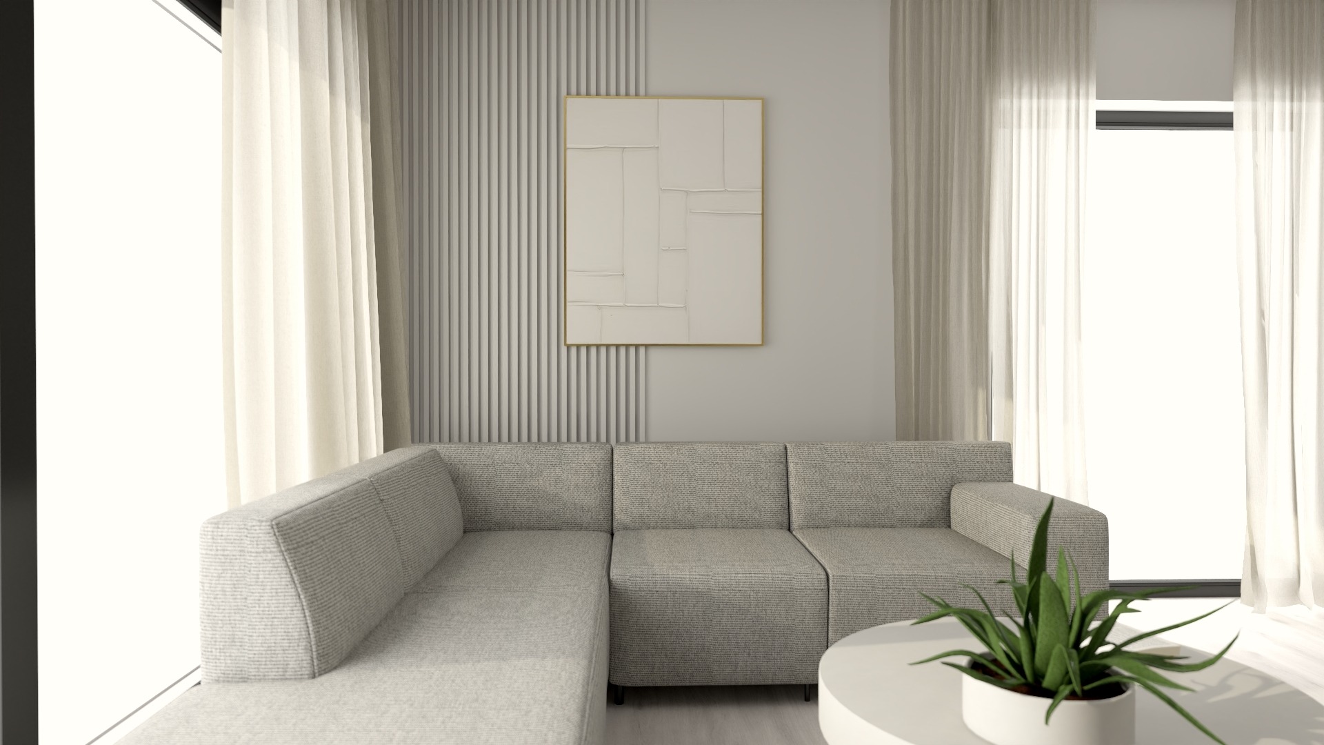 Jasnoszary narożnik modułowy w minimalistycznym salonie z panelami ściennymi, abstrakcyjnym obrazem i rośliną doniczkową na okrągłym stoliku kawowym.