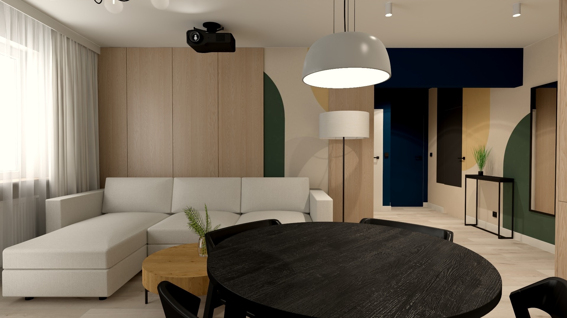 Wizualizacja salonu z narożną sofą, okrągłym drewnianym stolikiem kawowym i czarnym okrągłym stołem jadalnym. Na ścianie widoczny projektor. Dekoracyjne malowanie ścian z geometrycznymi kształtami...