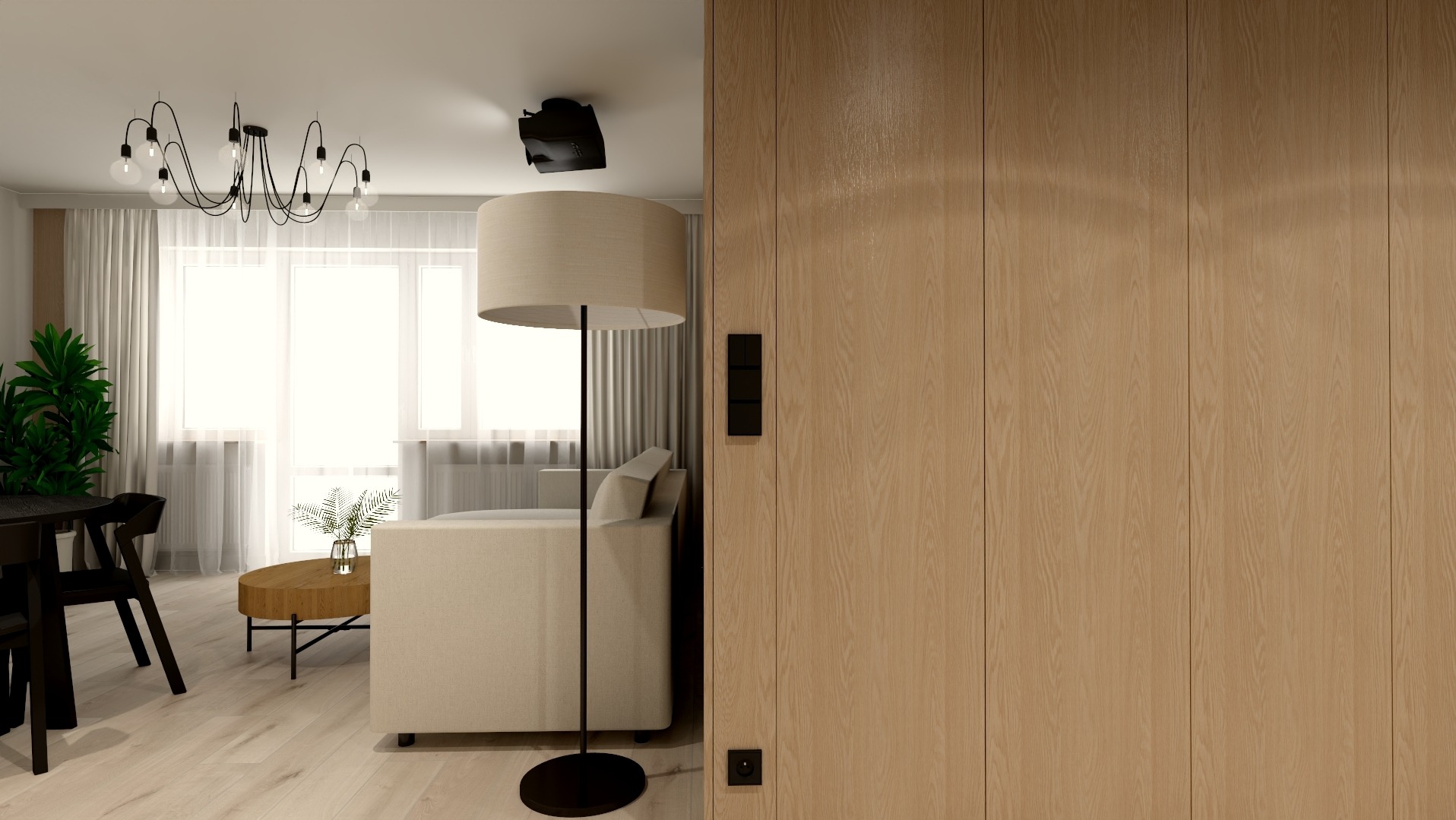 Jasne wnętrze salonu z drewnianą ścianą, beżową sofą, okrągłym stolikiem kawowym i nowoczesnym żyrandolem. Zwraca uwagę minimalistyczny design i naturalne światło wpadające przez okno.