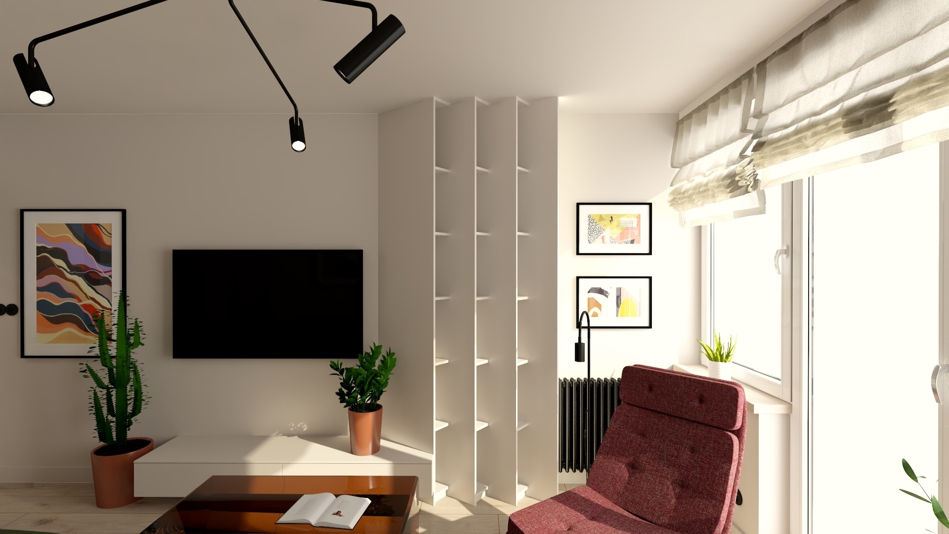 Wizualizacja salonu z minimalistycznym regałem, czarnym telewizorem, abstrakcyjnymi obrazami i roślinami w doniczkach, oświetlonego lampą sufitową z reflektorami.