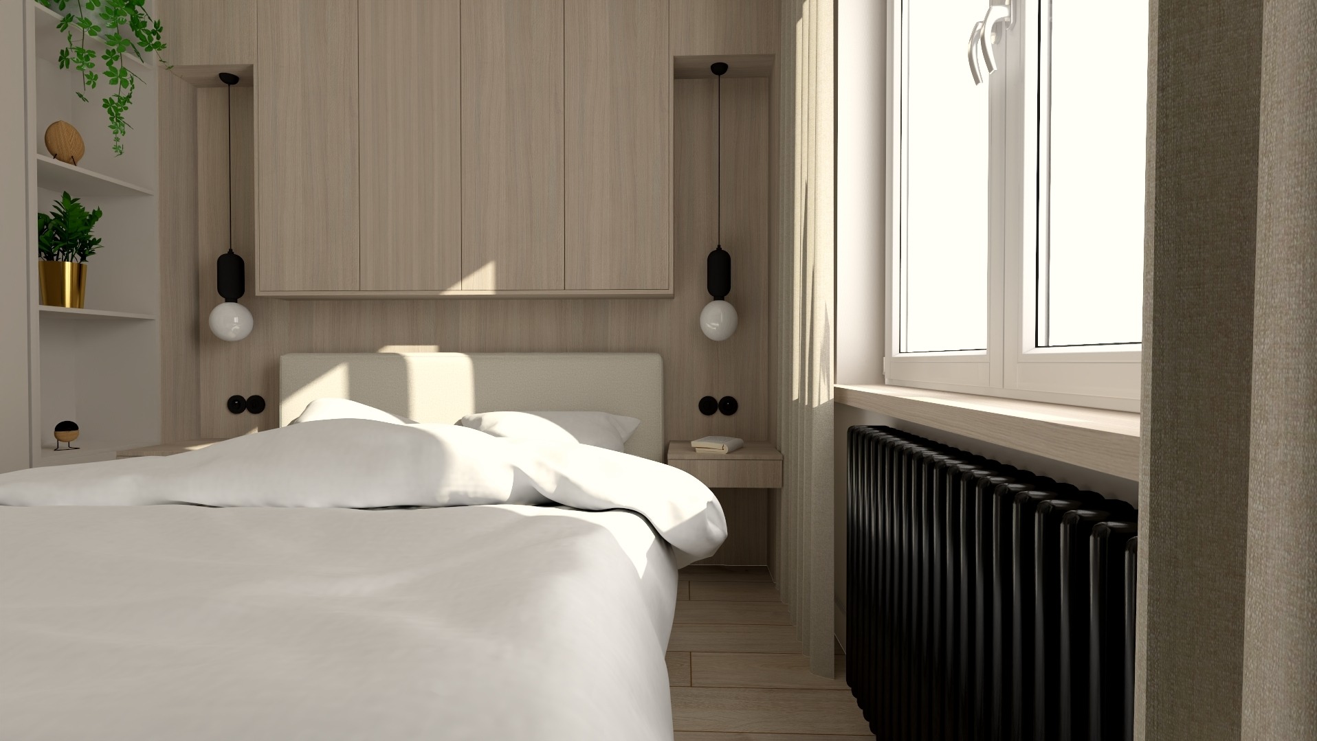 Jasna sypialnia z drewnianymi szafkami nad łóżkiem, minimalistycznymi lampami kulami, białym łóżkiem i czarnym grzejnikiem pod oknem.
