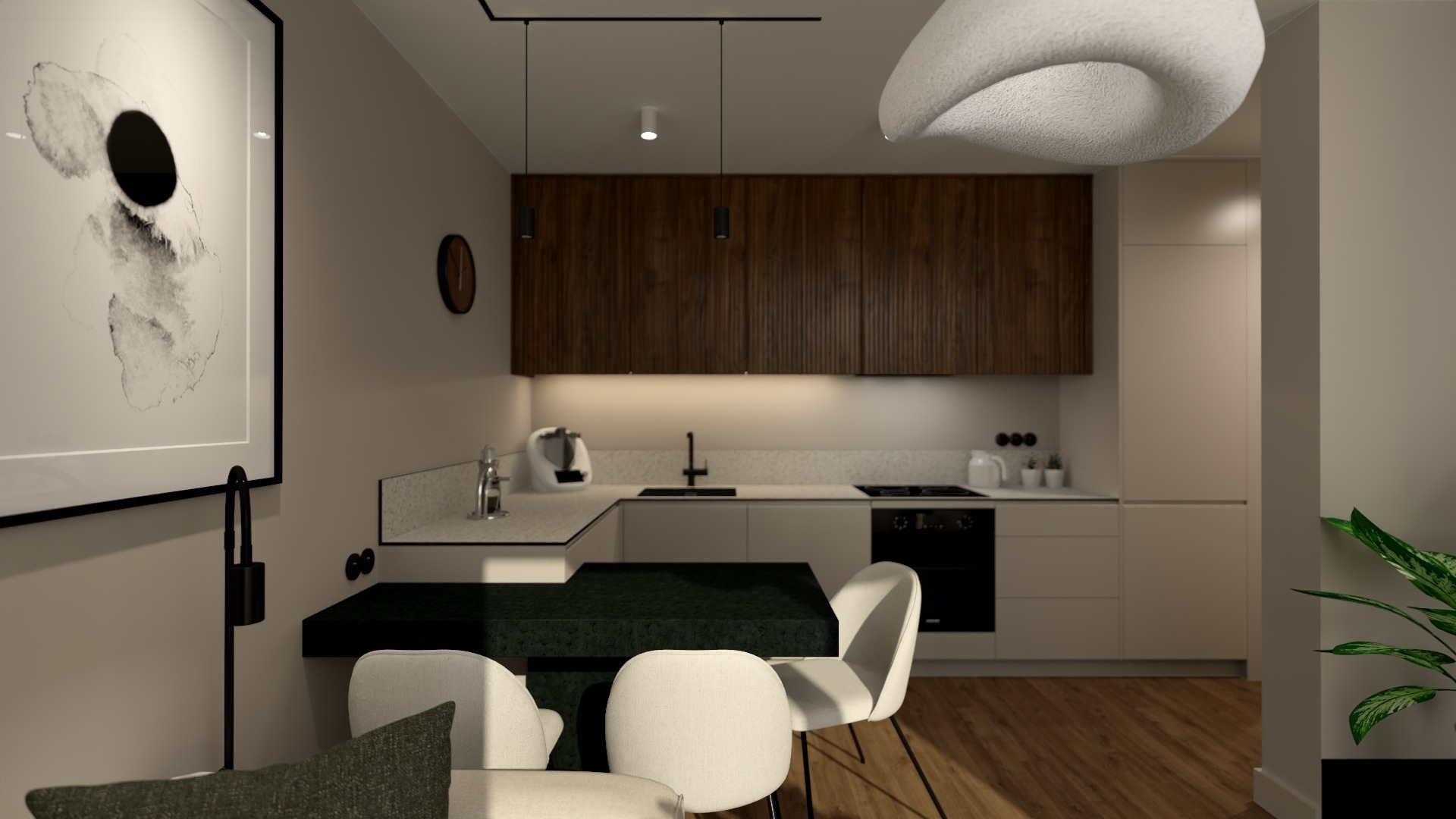 Wizualizacja nowoczesnej kuchni w Zabierzowie z drewnianymi szafkami górnymi, jasnymi szafkami dolnymi i czarnym blatem stołu jadalnego, oświetlona lampami punktowymi i ozdobiona abstrakcyjnym...