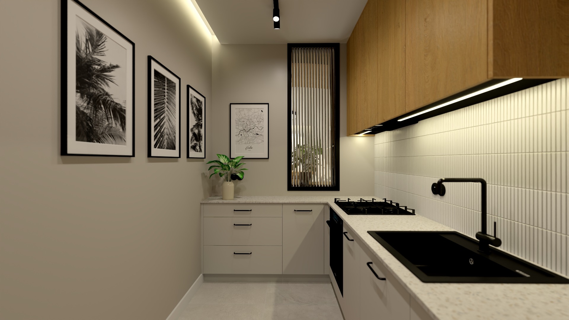 Wizualizacja nowoczesnej kuchni z drewnianymi szafkami górnymi, białymi szafkami dolnymi, czarnym zlewem i baterią, oraz dekoracyjnymi obrazami na ścianie.