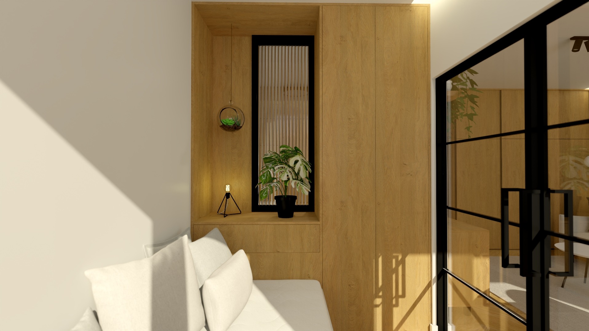 Wizualizacja wnętrza pokoju z drewnianą zabudową, roślinami doniczkowymi i minimalistyczną lampką na półce, białe poduszki na siedzisku, czarne drzwi z metalowymi szprosami.