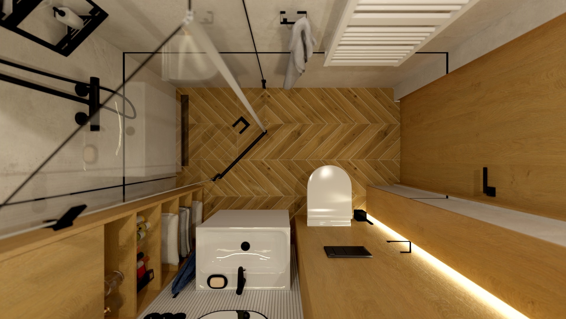 Wizualizacja łazienki z drewnianymi panelami na ścianie ułożonymi w jodełkę, białą umywalką i toaletą, czarnymi akcentami i oświetleniem LED pod blatem.