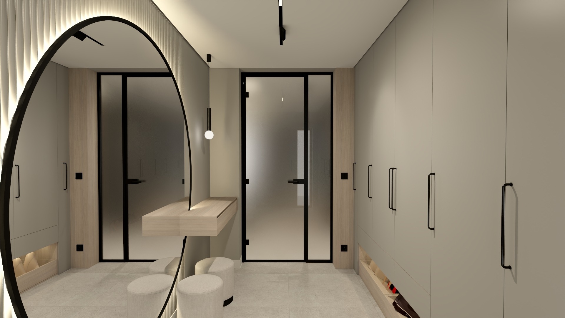 Wizualizacja garderoby z dużym lustrem w czarnej ramie, toaletką z jasnego drewna i pufami, drzwi do pomieszczenia z matowego szkła w czarnej ramie, ściana z szafami.