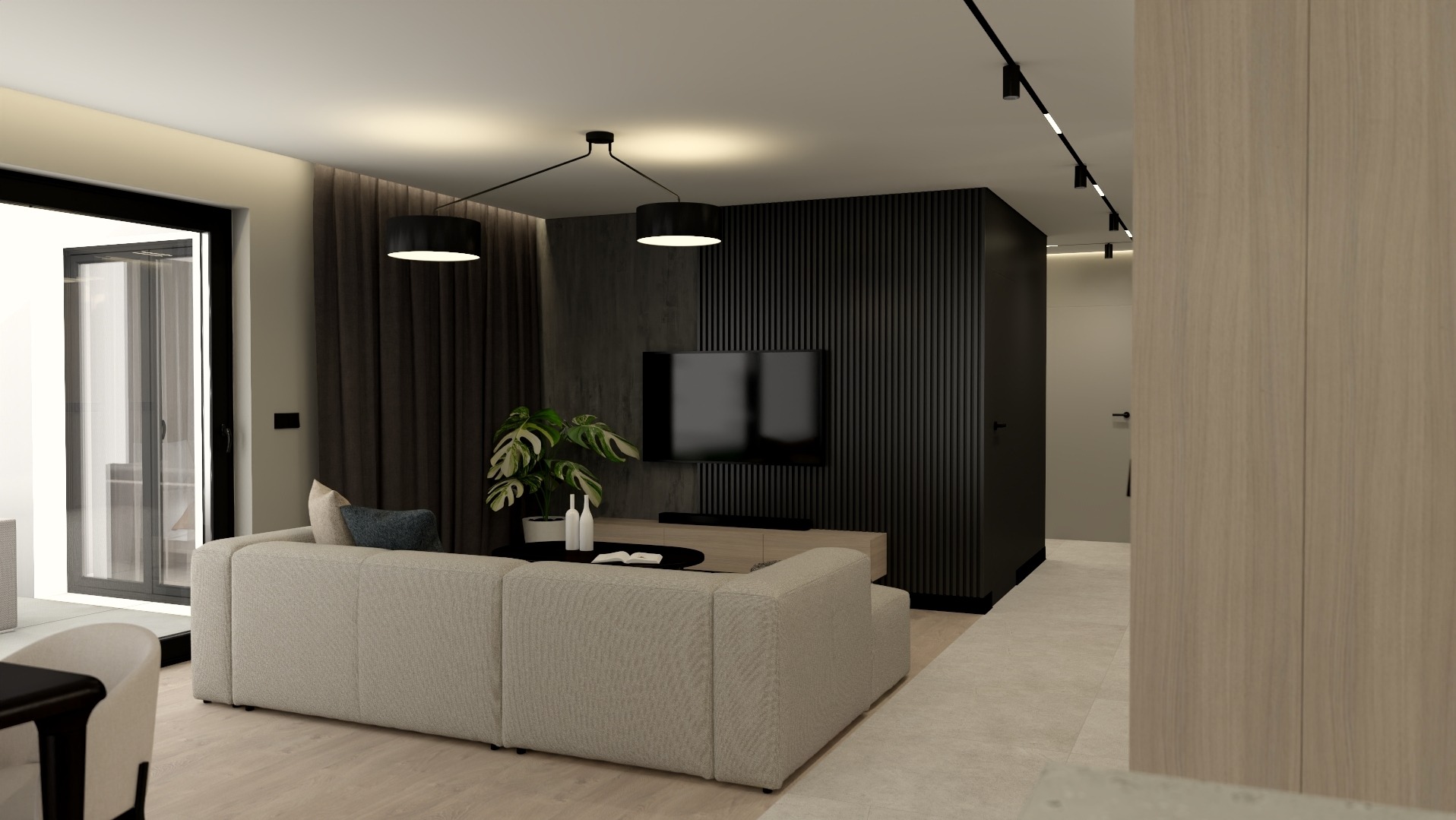 Wizualizacja salonu z beżową sofą modułową, czarną ścianą z pionowymi panelami, wiszącymi lampami i rośliną w doniczce.