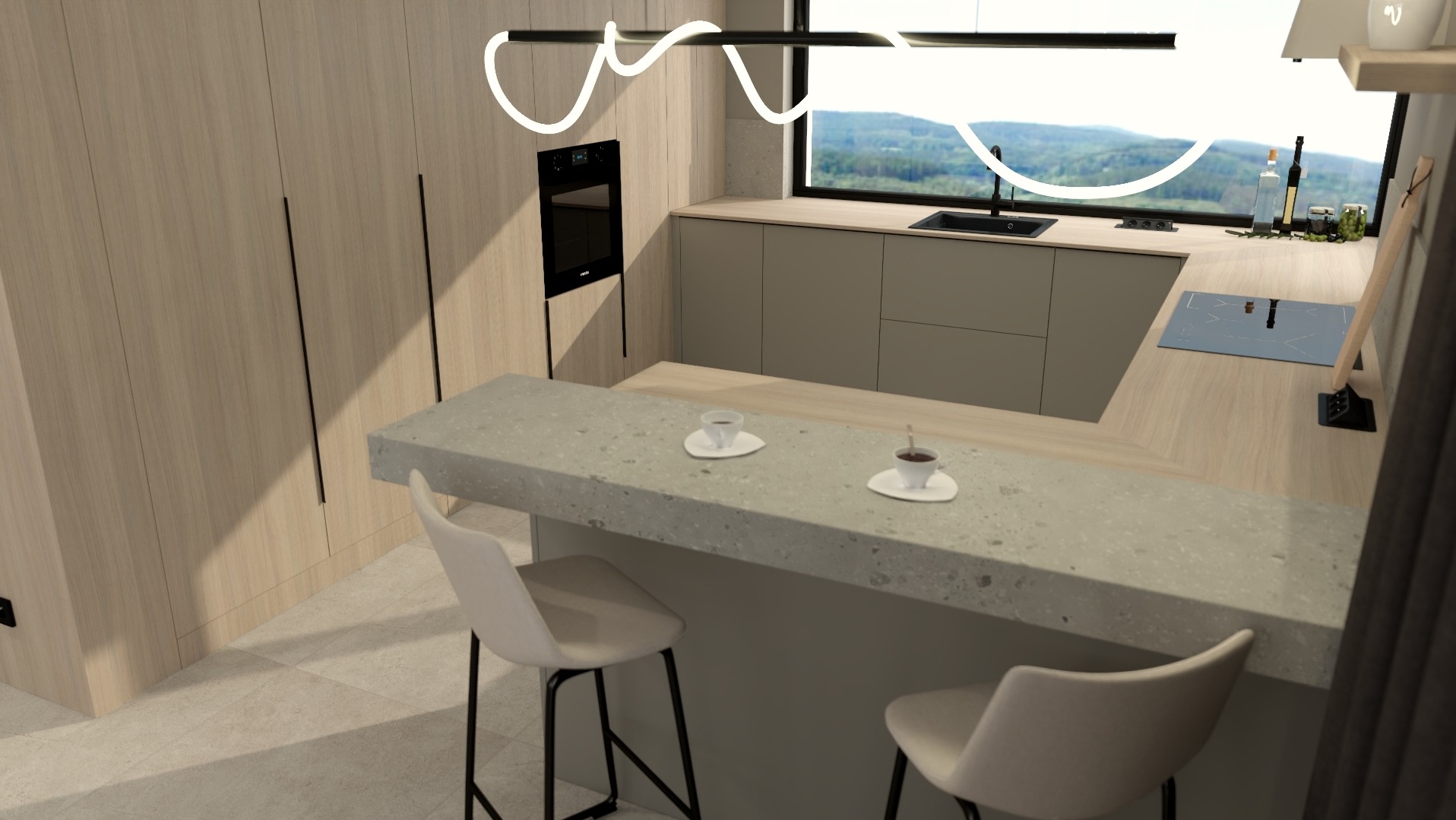 Wizualizacja nowoczesnej kuchni z wyspą, drewnianymi szafkami i widokiem na góry za oknem, dwie filiżanki na blacie wyspy.