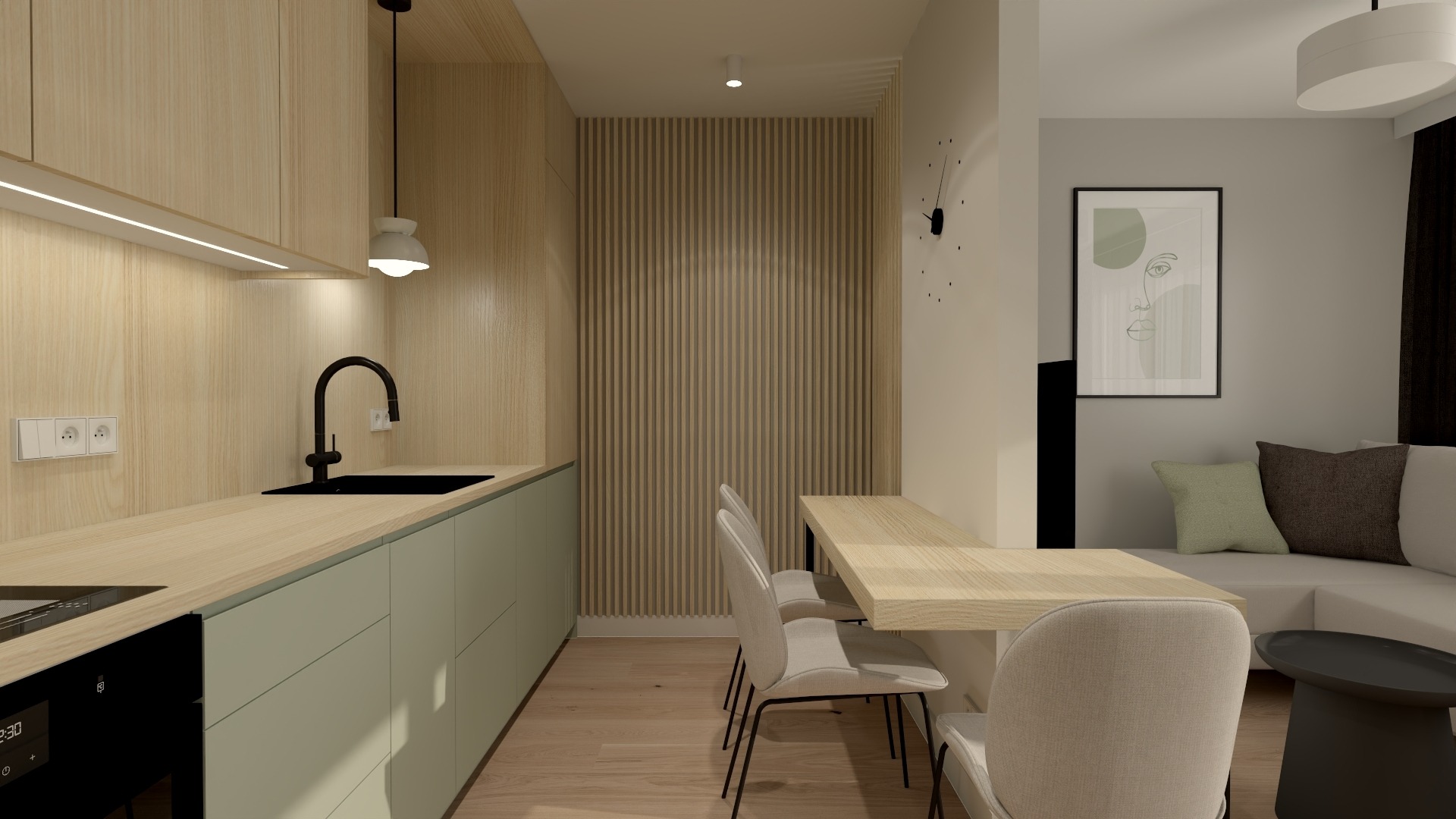 Wizualizacja wnętrza mieszkania: minimalistyczna kuchnia z drewnianymi szafkami, zielonymi frontami, czarną armaturą i stołem jadalnym z krzesłami, w tle sofa z poduszkami i abstrakcyjny obraz.