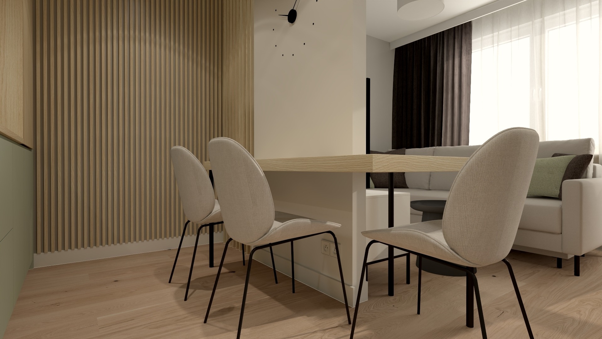 Nowoczesne wnętrze jadalni z drewnianym stołem, krzesłami o jasnej tapicerce i dekoracyjną ścianą z drewnianych listew, uzupełnione minimalistycznym zegarem ściennym.