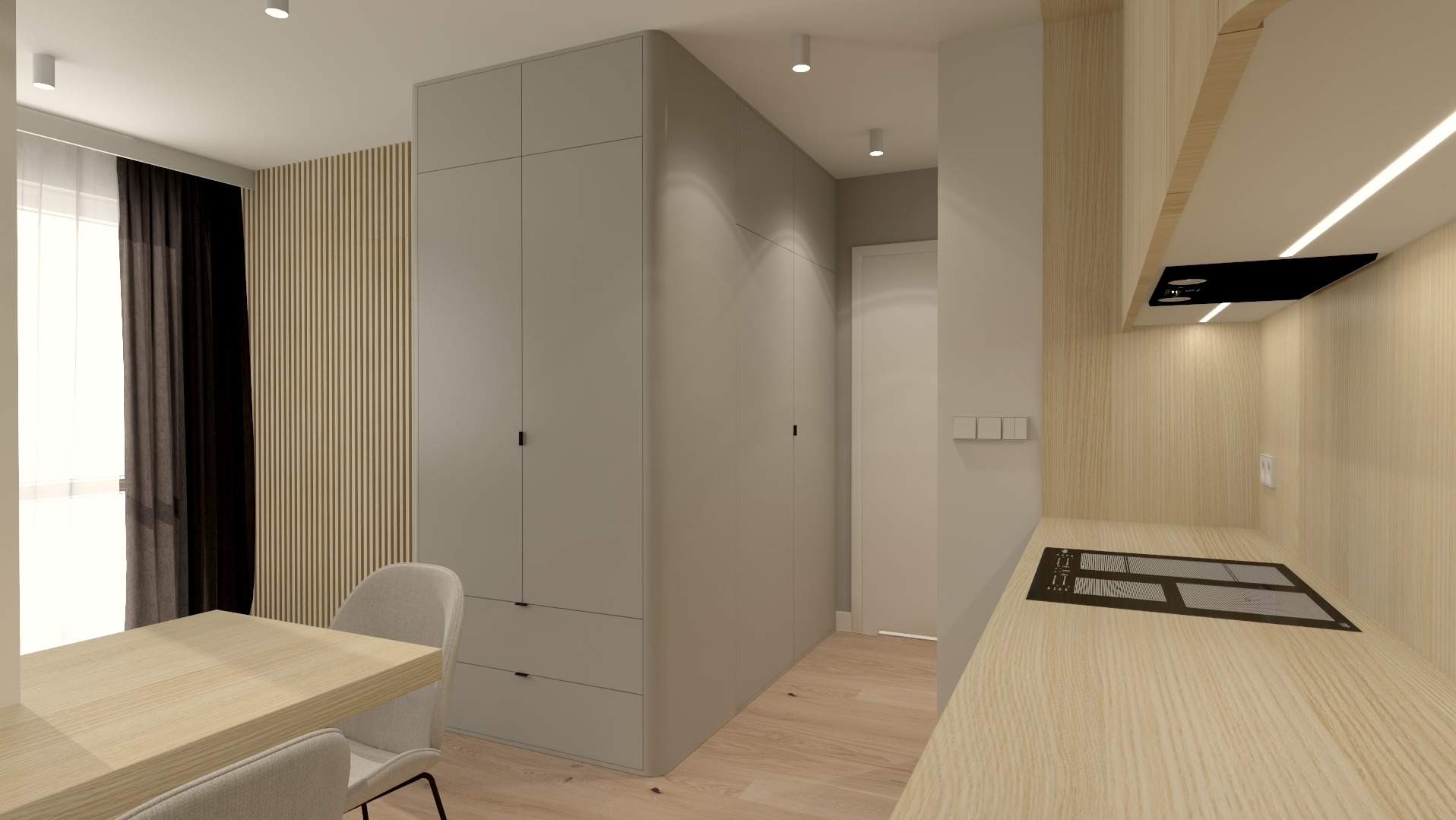 Wizualizacja minimalistycznego wnętrza: jasna kuchnia z drewnianym blatem i płytą indukcyjną, szare szafy w zabudowie, stół jadalny z krzesłami i dekoracyjna ściana z drewnianych listew.