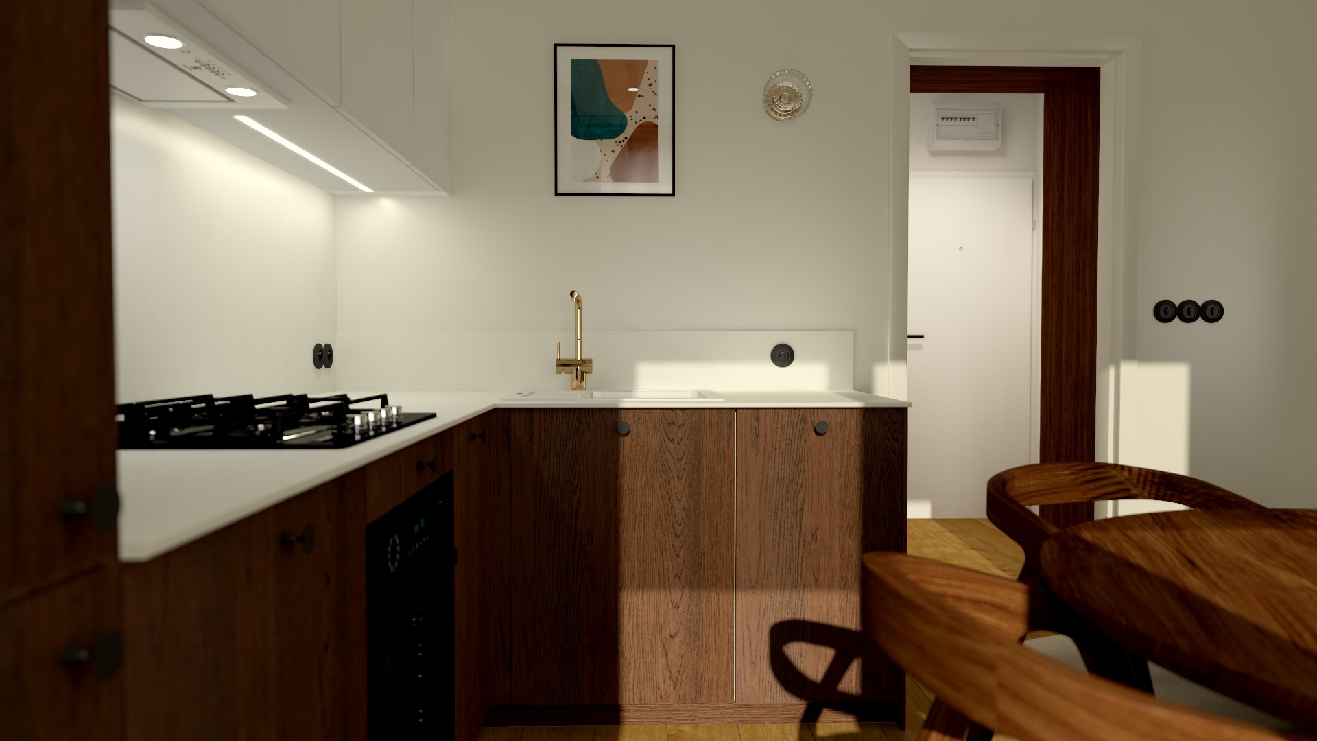 Wizualizacja kuchni z drewnianymi szafkami, złotą armaturą i płytą indukcyjną w minimalistycznym stylu, z drewnianym stołem i krzesłami w tle.