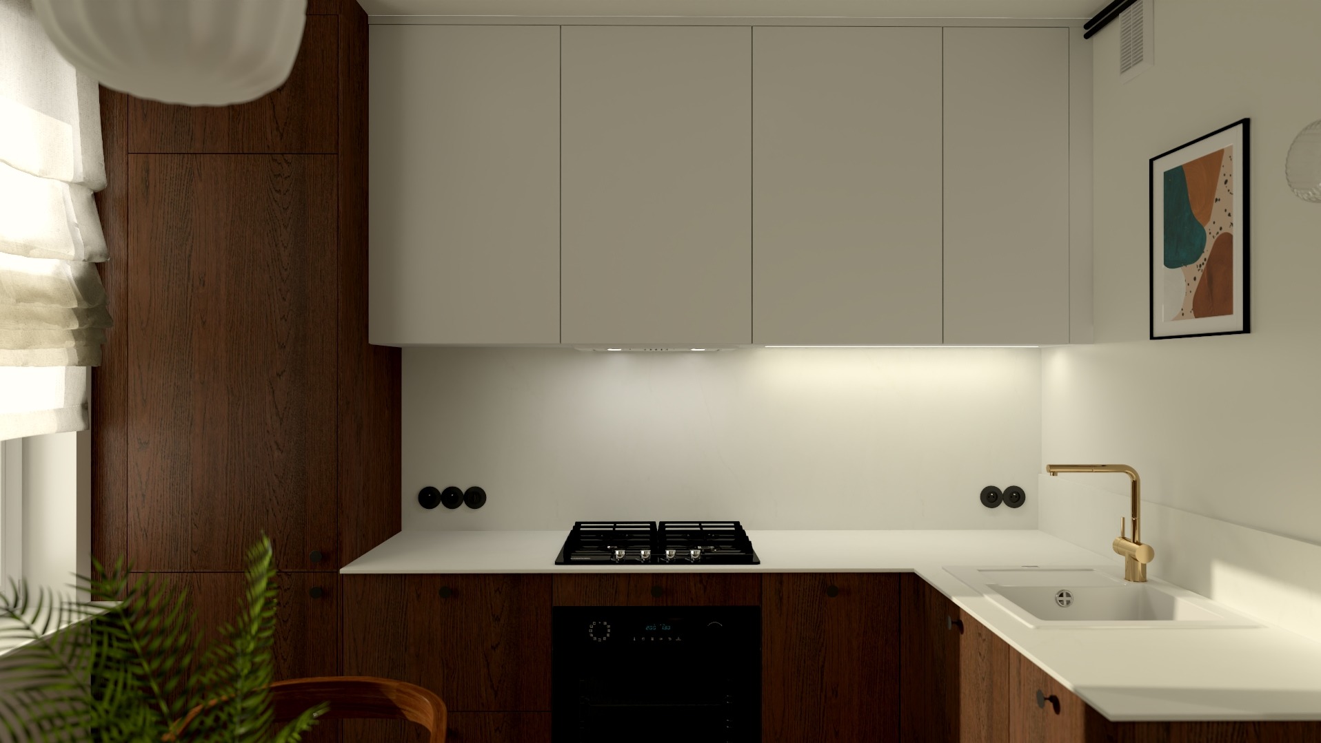 Wizualizacja kuchni z drewnianymi szafkami dolnymi i białymi górnymi, złota bateria przy białym zlewie, płyta indukcyjna i piekarnik w zabudowie, minimalistyczny obraz na ścianie.