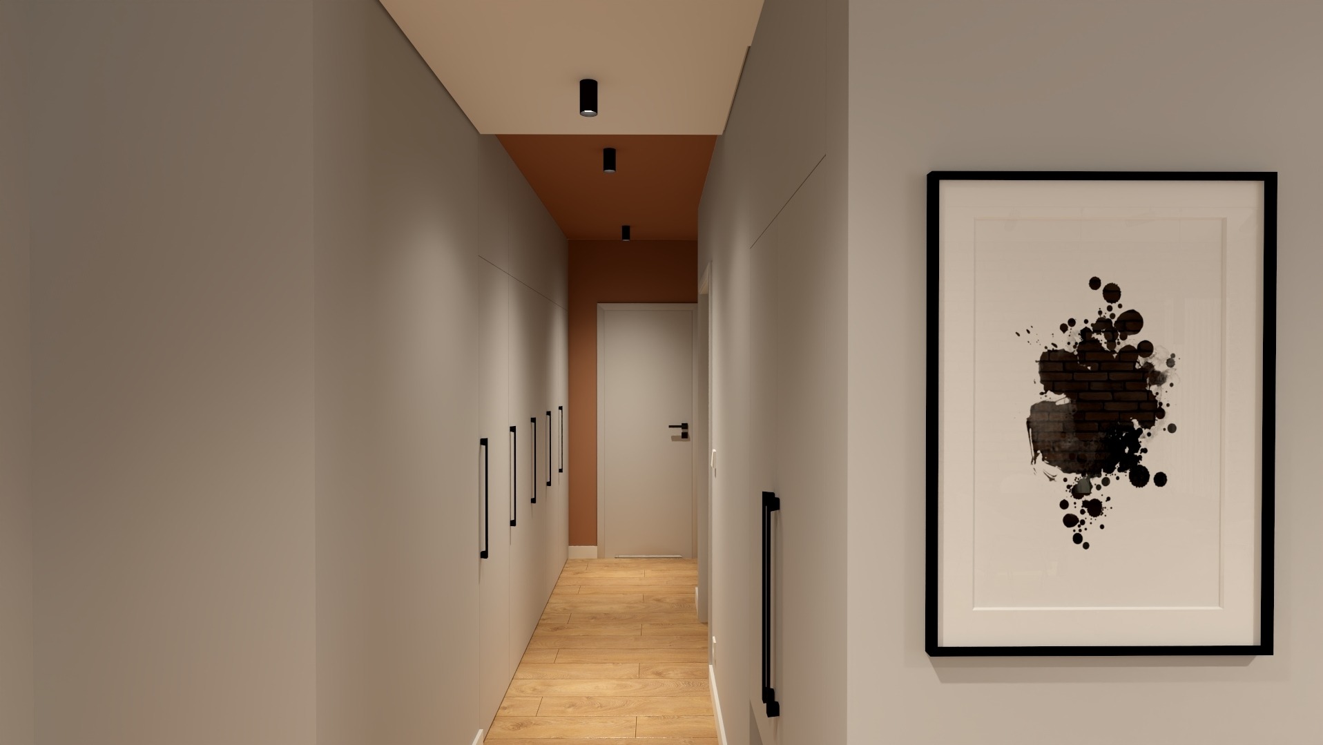 Nowoczesny korytarz z zabudowaną szafą wnękową, oświetleniem punktowym i abstrakcyjnym obrazem w czarnej ramie.