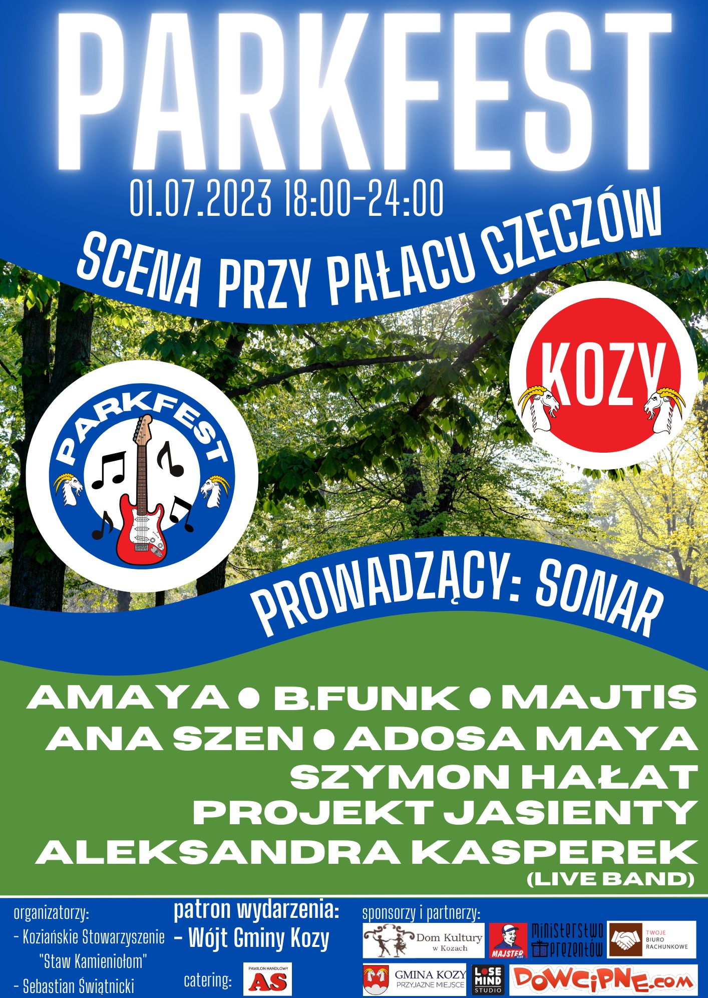 Plakat promujący Parkfest w Czeczowie 1 lipca 2023 z logo wydarzenia przedstawiającym gitarę elektryczną i nazwami wykonawców oraz sponsorów.