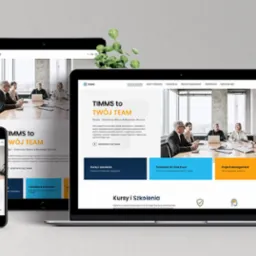 Responsywna strona internetowa na laptopie, tablecie i smartfonie, prezentująca zespół i ofertę firmy szkoleniowej z zieloną rośliną w tle.