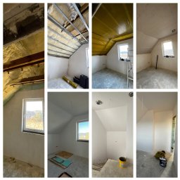 Maksym Sova Group Company - Kolaż przedstawiający remont poddasza na różnych etapach: izolacja pianą, montaż stelaża, zabezpieczenie folią, montaż płyt, przygotowanie do malowania i pomalowane ściany.
