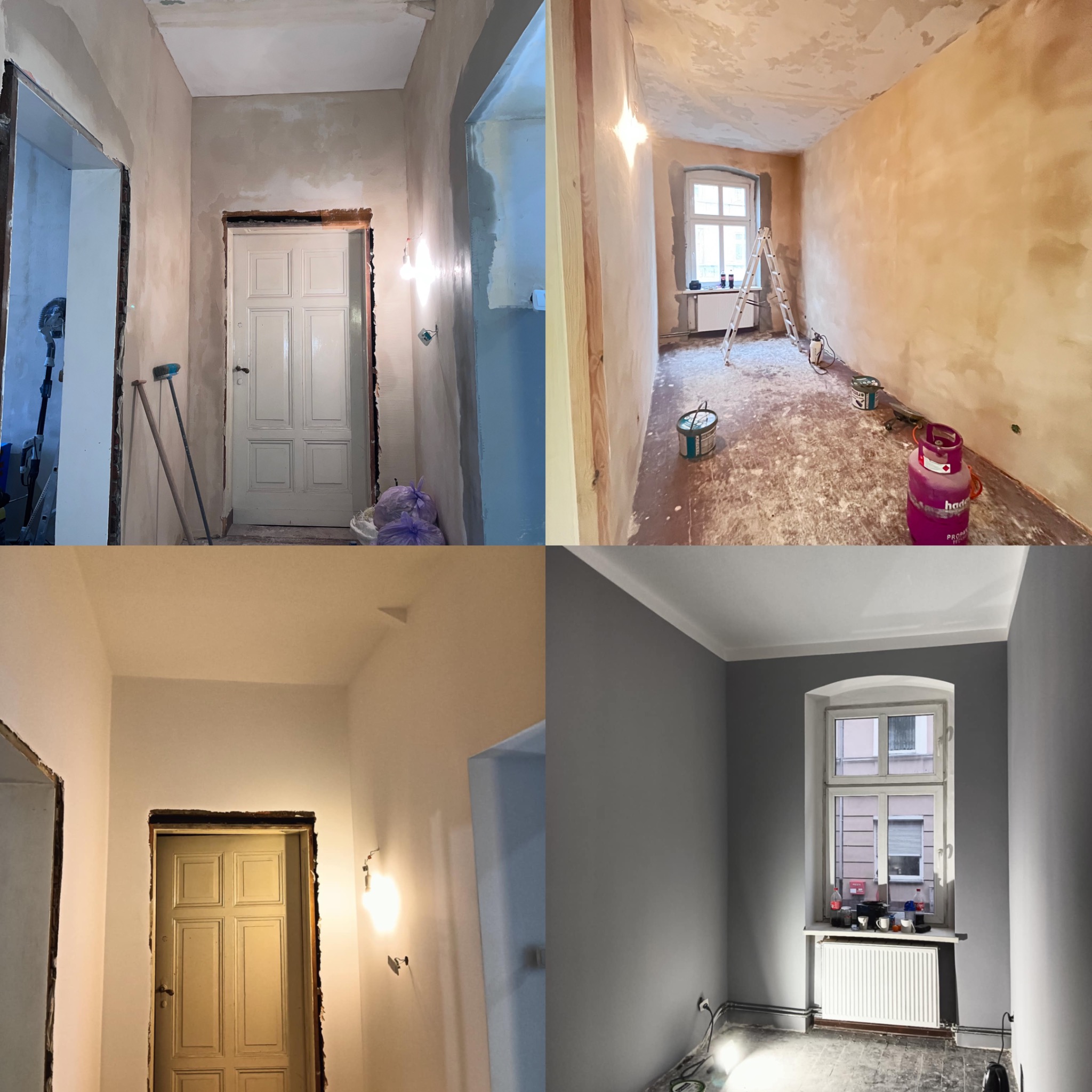Czteropanelowe ujęcie remontowanego mieszkania: przygotowanie ścian pod gładzie, szpachlowanie, malowanie na szaro z widocznym oknem i grzejnikiem, butla gazowa i drabina w pokoju.