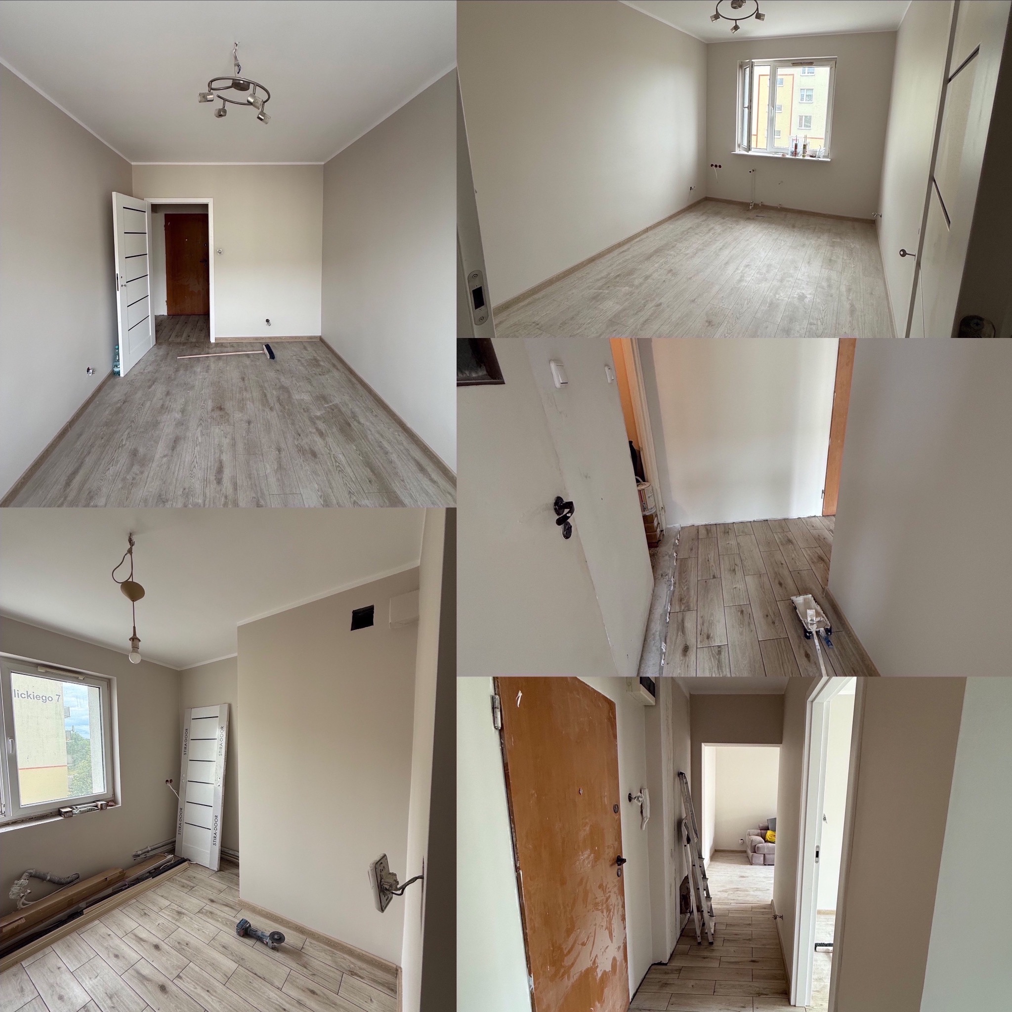 Mozaika zdjęć z remontowanego mieszkania: świeżo pomalowane ściany w odcieniach beżu, ułożone panele podłogowe imitujące drewno, widoczne narzędzia i materiały budowlane.