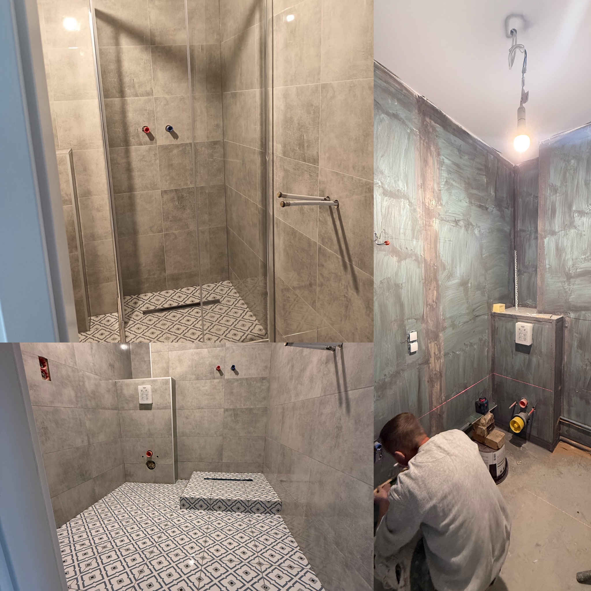 Remont łazienki: widok na kabinę prysznicową z szklanymi drzwiami, ułożone płytki podłogowe z wzorem oraz fragment ściany w trakcie szpachlowania. Prace wykończeniowe.