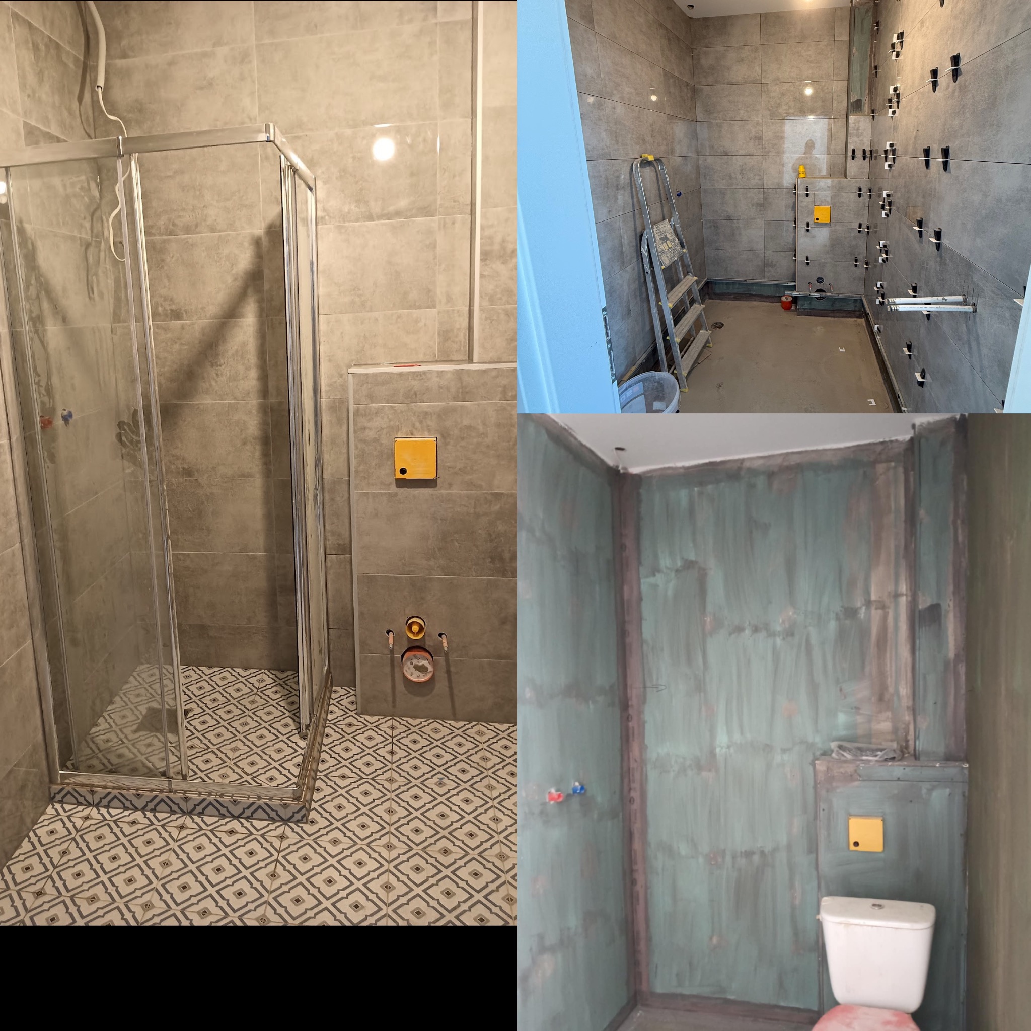 Kolaż z remontu łazienki: kabina prysznicowa z mozaiką podłogową, ściany w trakcie kładzenia płytek z krzyżykami dystansowymi, oraz surowa ściana przed wykończeniem.